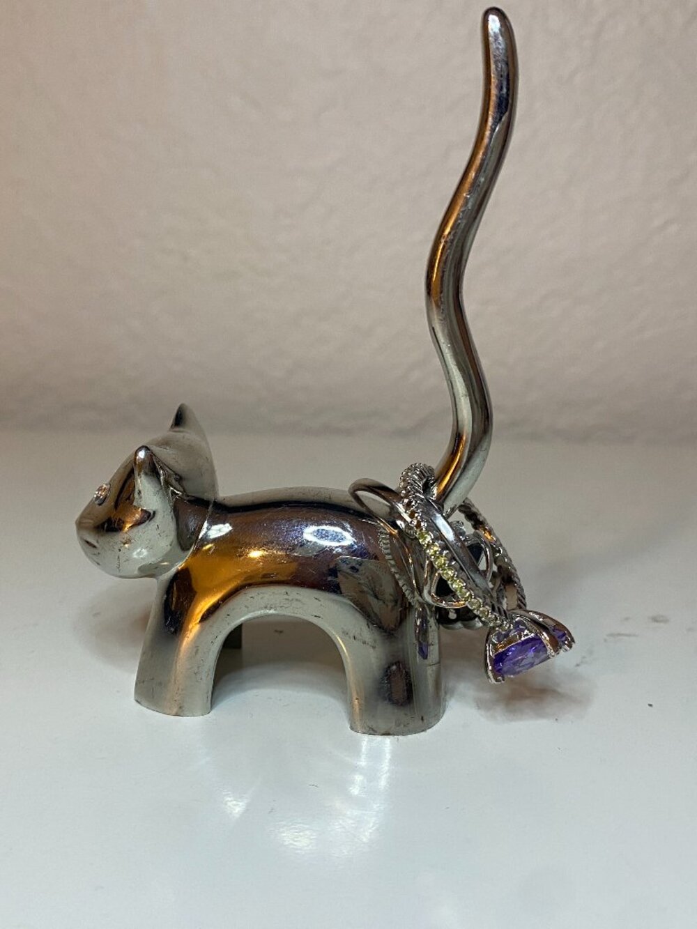 Vintage Silver Tone Cat Ring Holder Rhinestone Eyes Jewelry Display 4"
